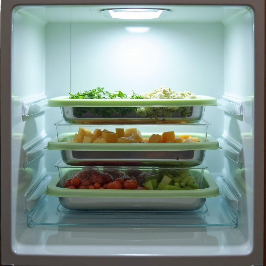 Tres bandejas apilables de acero inoxidable con tapa dentro de una nevera