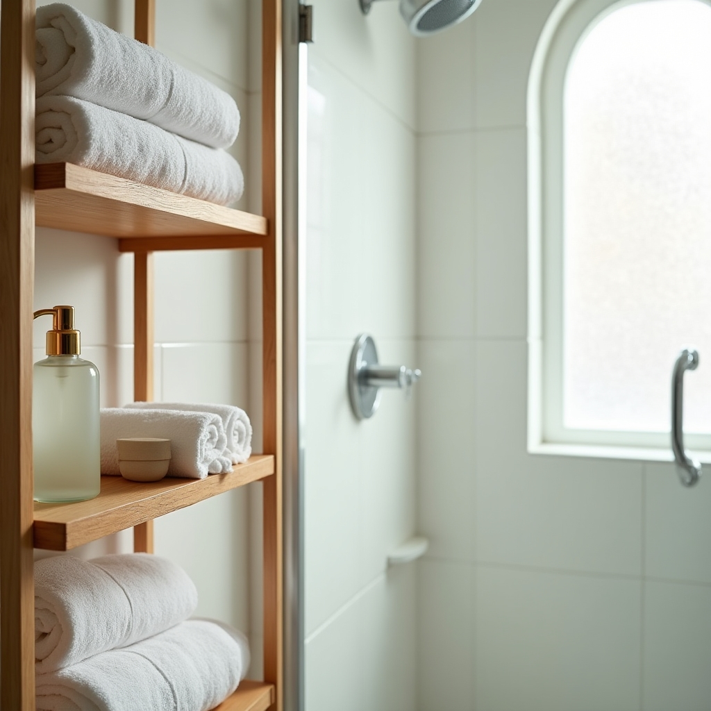 Estantería de bambú en un baño con toallas y organizadores