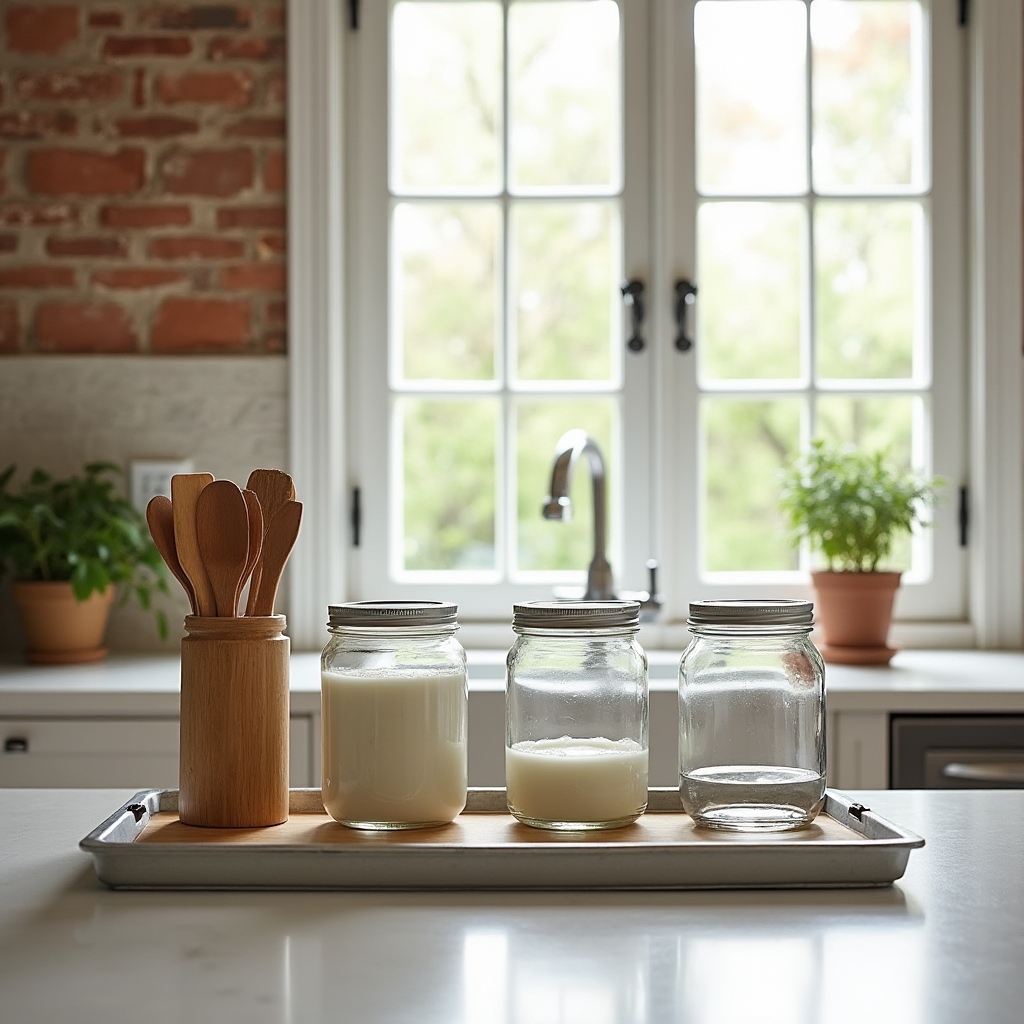 Encimera de cocina con botes de vidrio y utensilios organizados en madera y bambú