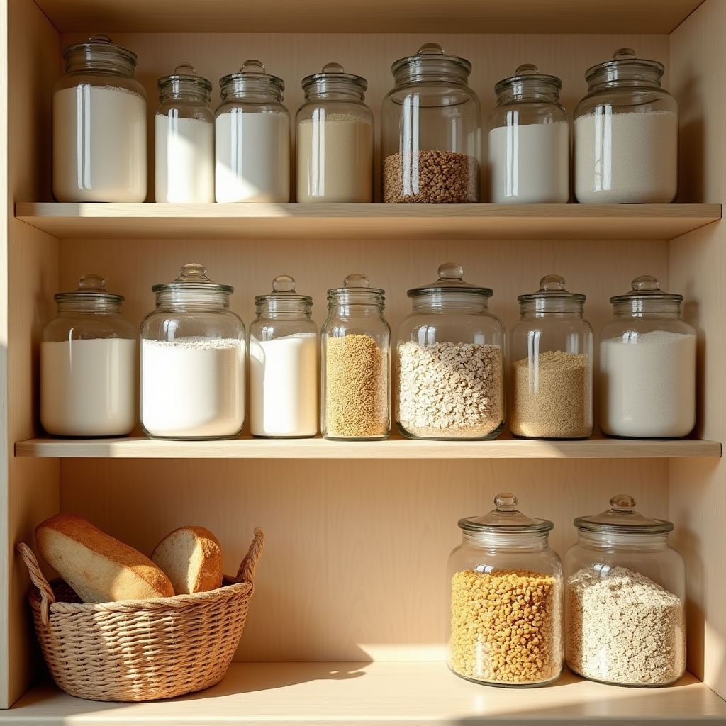 Estante de despensa con botes de vidrio de harina, pasta y cereales etiquetados