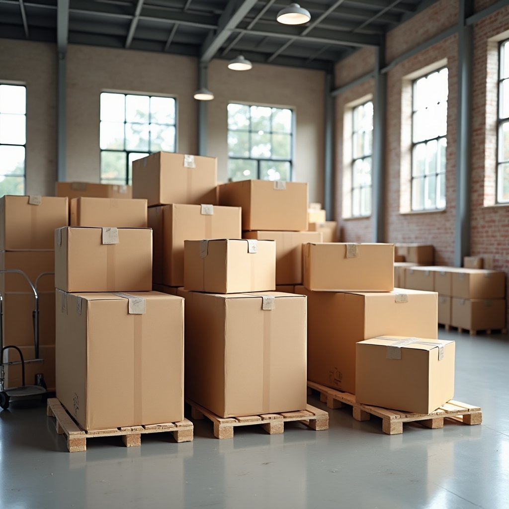 Cajas de cartón preparadas para envío apiladas en el taller de Zaragoza